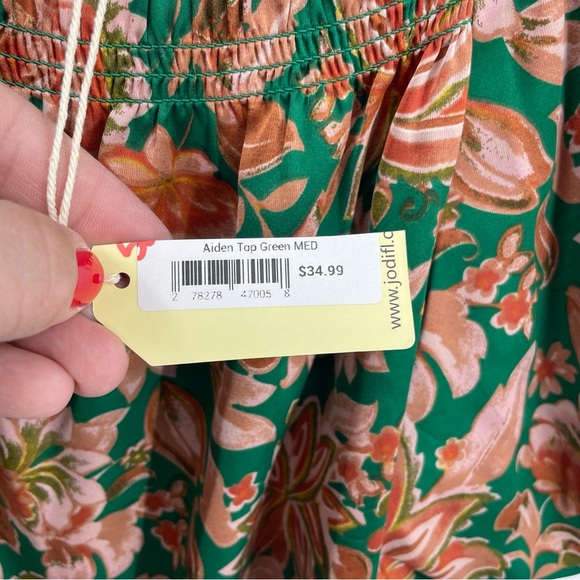 NWT JODIFL green pink floral short puff sleeve top Sz M - Picture 2 of 8